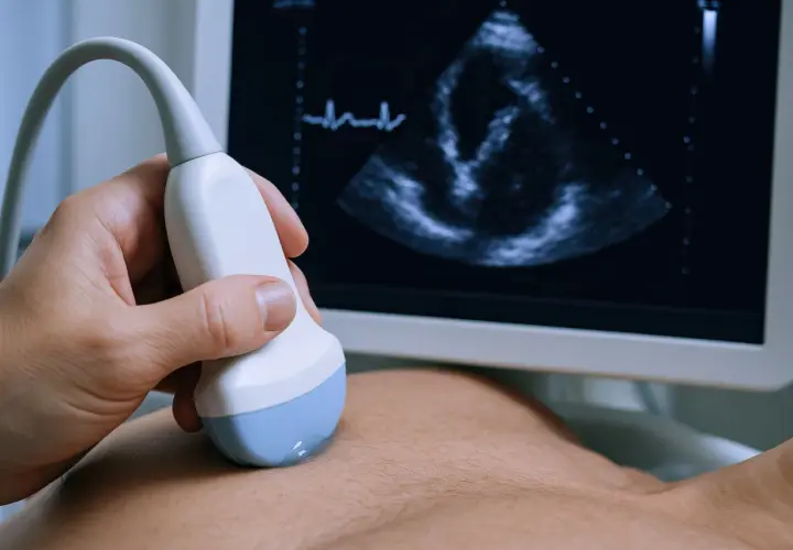 Dłoń trzyma sondę USG, która bada echo serca co wykrywa jego pracę. Na ekranie widać obraz serca i zapis EKG.