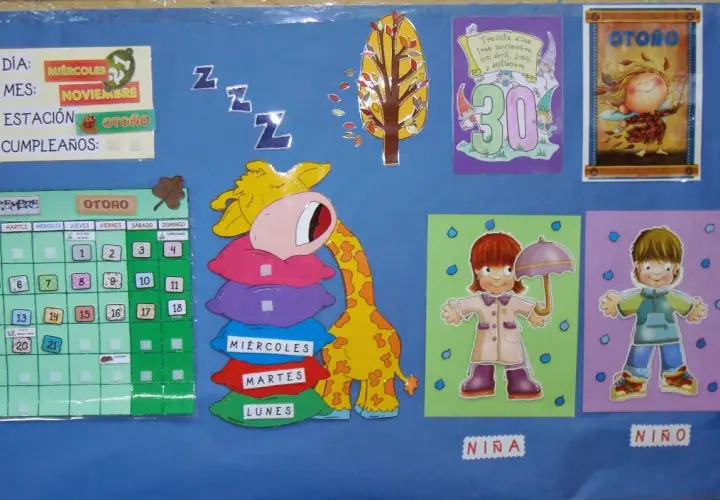Pizarra con carteles de asamblea infantil para imprimir: calendario de noviembre, jirafa durmiendo, niños con paraguas y un árbol de otoño.
