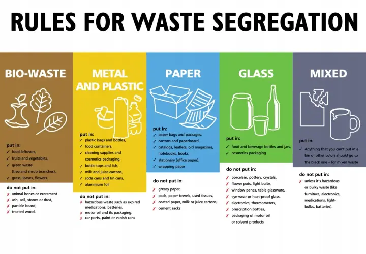 Zasady segregacji śmieci po angielsku: bio, metal/plastik, papier, szkło i zmieszane.