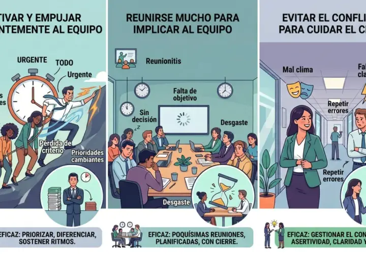 Ilustración sobre cómo lograr reuniones efectivas: motivar al equipo, evitar exceso de juntas y gestionar conflictos.