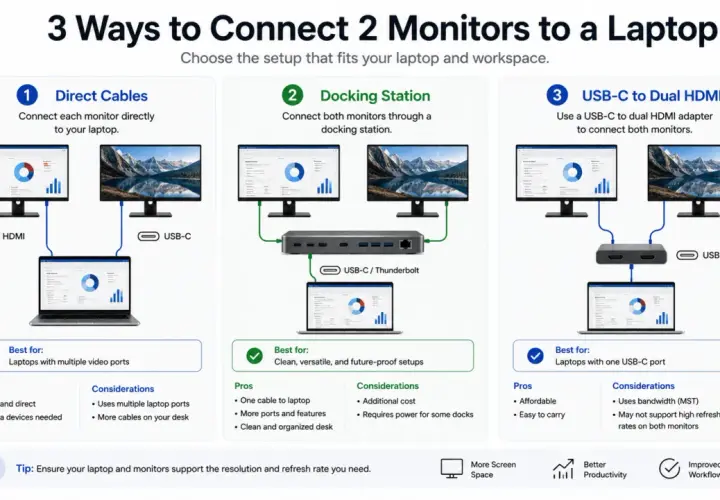 Schéma montrant 3 méthodes pour connecter un double écran PC à un ordinateur portable : câbles directs, station d'accueil, adaptateur USB-C vers double HDMI.