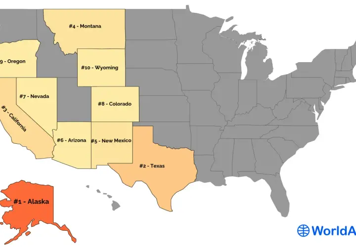 Mapa USA z zaznaczonymi stanami. #1 Alaska to największy stan USA. Widać też Teksas, Kalifornię i inne.