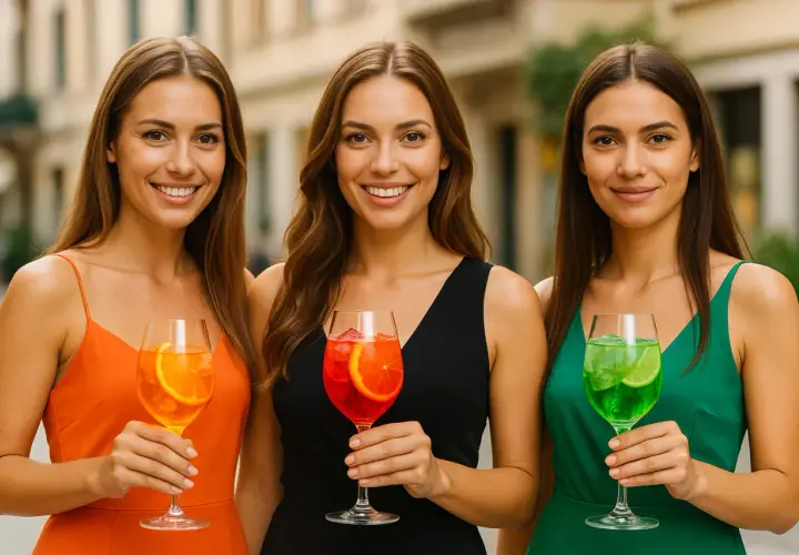 Tre amiche sorridono tenendo in mano un colorato spritz alcolico, ognuna con un gusto diverso.