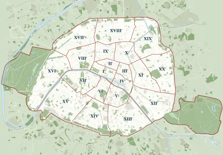 Mapa Paryża z zaznaczonymi 20 dzielnicami (arrondissements) i rzeką Sekwaną.