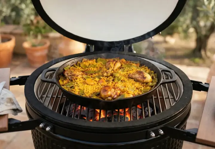 Paella de poulet et légumes cuite dans une poêle sur un kamado grill.