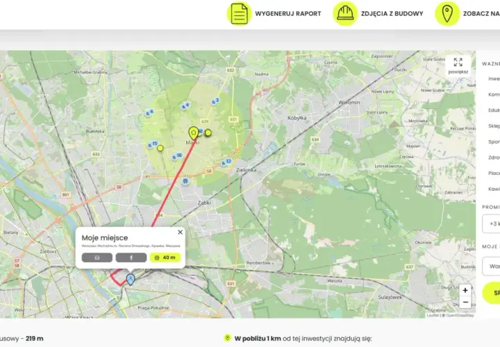 Mapa pokazuje przedmieścia Warszawy, z zaznaczonymi Markami i okolicznymi miejscowościami.