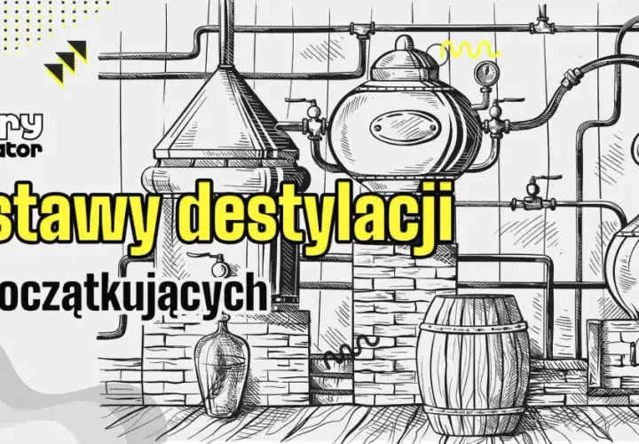 Ilustracja przedstawiająca aparat destylacyjny, beczkę i butelkę.