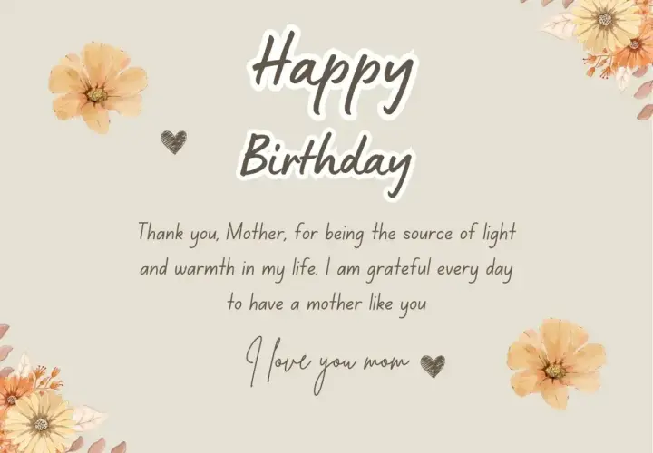 Urocza pocztówka po angielsku z napisem "Happy Birthday" i życzeniami dla mamy.