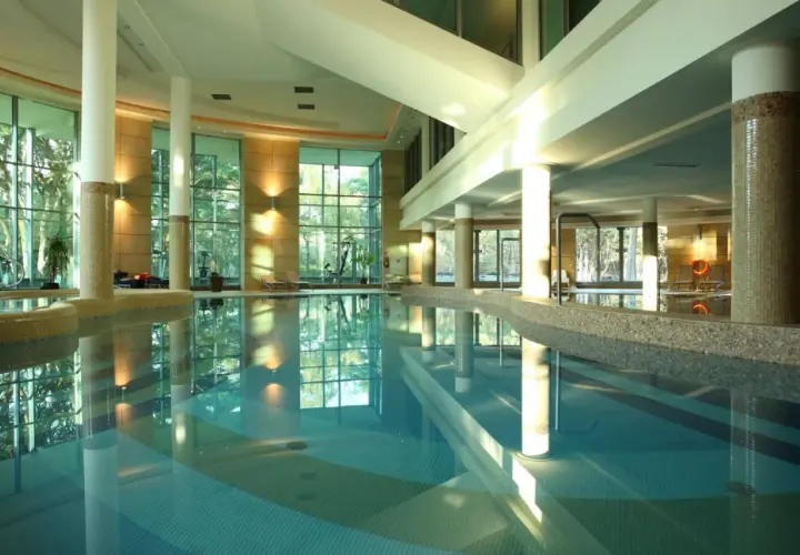 Basen w hotelu Havet Resort & Spa, z dużymi oknami i widokiem na zieleń. Idealne miejsce na relaks, zgodnie z wieloma pozytywnymi havet hotel resort & spa opinie.