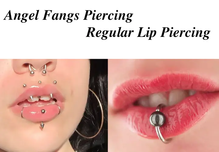 Kobieta z kolczykami w wargach, w tym angel bites piercing, oraz zbliżenie na usta z kolczykiem.