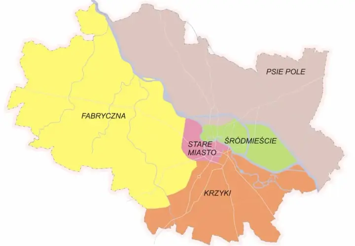 Mapa przedstawiająca dzielnice Łodzi: Fabryczna, Stare Miasto, Śródmieście, Krzyki i Psie Pole.