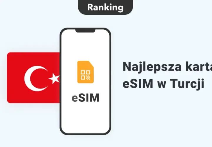 Ranking najlepszej karty eSIM w Turcji. Flaga Turcji obok telefonu z ikoną eSIM.