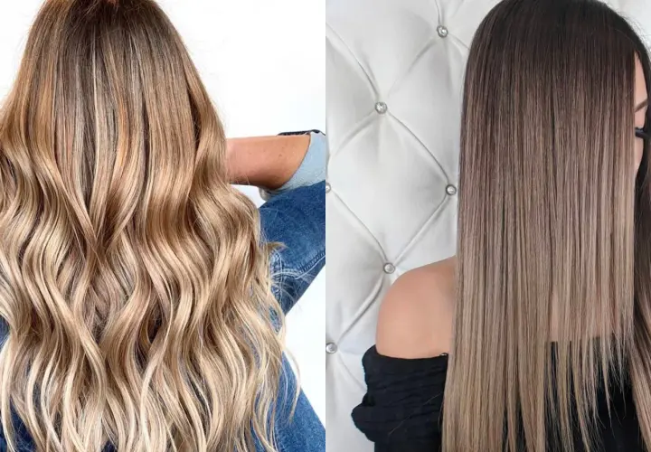 Dos estilos de cabello con mechas ombre: rubio ondulado y castaño liso.