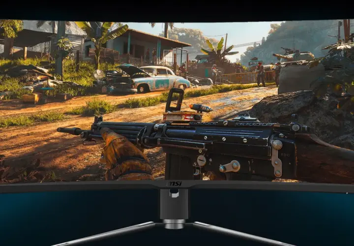 Ein Spiel auf einem MSI-Monitor, das zeigt, was HDR kann: lebendige Farben und tiefe Kontraste in einer tropischen Szene mit Waffe.