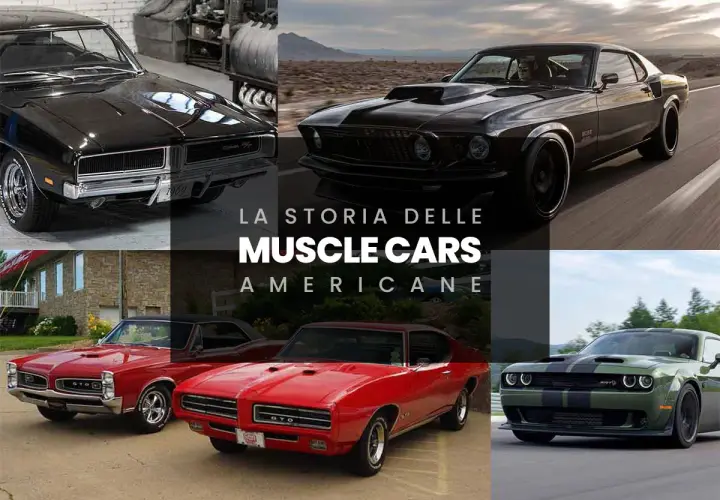 Iconiche auto americane anni 60: Charger, Mustang, GTO e Challenger, simboli di potenza e libertà su strada.