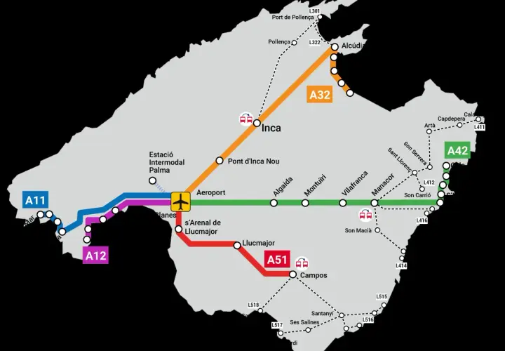 Mapa transportu na Majorce. Linie A11, A12, A32, A51, A42 łączą główne miasta i lotnisko.