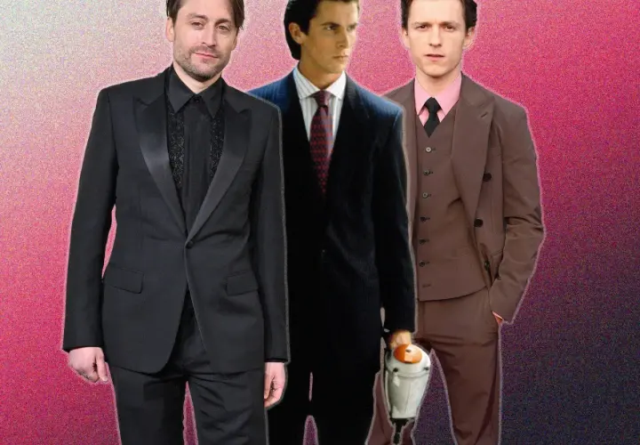 Kieran Culkin, Christian Bale et Tom Holland, une distribution qui évoque American Psycho, posent en costumes.