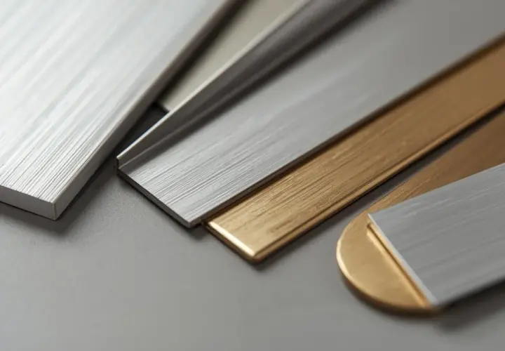 Różne odcienie i faktury metali, w tym złocisty duraluminium i srebrzyste aluminium, pokazują, jak odróżnić aluminium od duraluminium.
