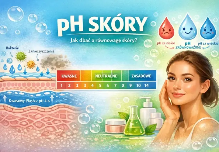 Ilustracja pokazuje warstwy skóry, skalę pH oraz krople symbolizujące różne poziomy pH. Dbanie o równowagę skóry jest kluczowe.