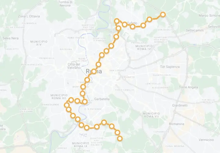 Mappa di Roma con la linea del metro d evidenziata in arancione, che attraversa la città da nord-ovest a sud-est, passando per zone come Tufello, Garbatella ed EUR.