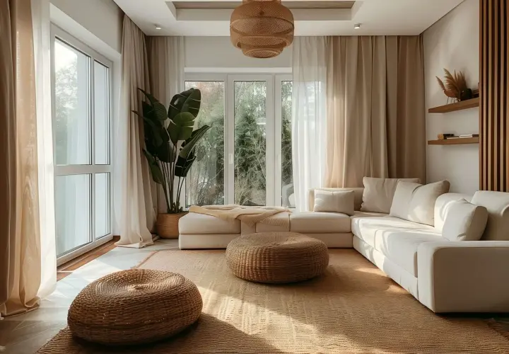 Jasny salon w stylu scandi boho z wygodną, kremową kanapą, plecionymi pufami i dużą rośliną.