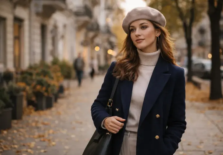 Elegancka kobieta w beżowym beretcie i granatowym płaszczu spaceruje po jesiennej ulicy. Pokazuje, jak założyć beret, by wyglądać stylowo.