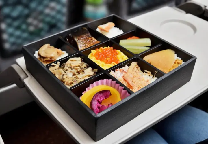 A delicious train bento box filled with various Japanese delicacies, including grilled fish, seafood, and colorful roe, ready for a journey.
