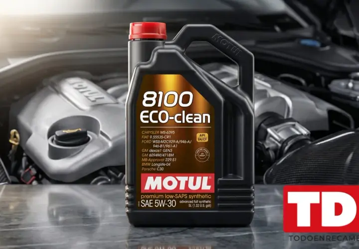 Botella de aceite Motul 8100 ECO-clean SAE 5W-30 junto a un motor. Se puede mezclar aceite 0w30 y 5w30.