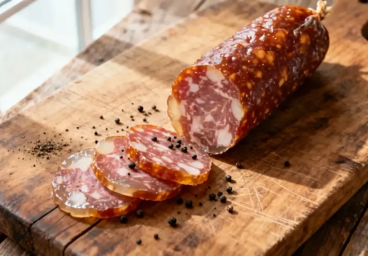 Saucisson artisanal tranché sur planche en bois, parsemé de grains de poivre. Une invitation à découvrir comment faire des saucisses maison.