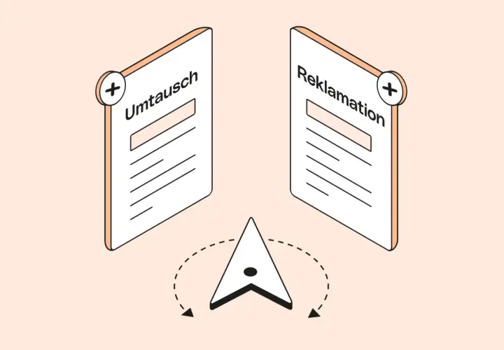 Zwei Karten mit "Umtausch" und "Reklamation" sowie ein Navigationspfeil symbolisieren das Umtauschrecht im Einzelhandel.