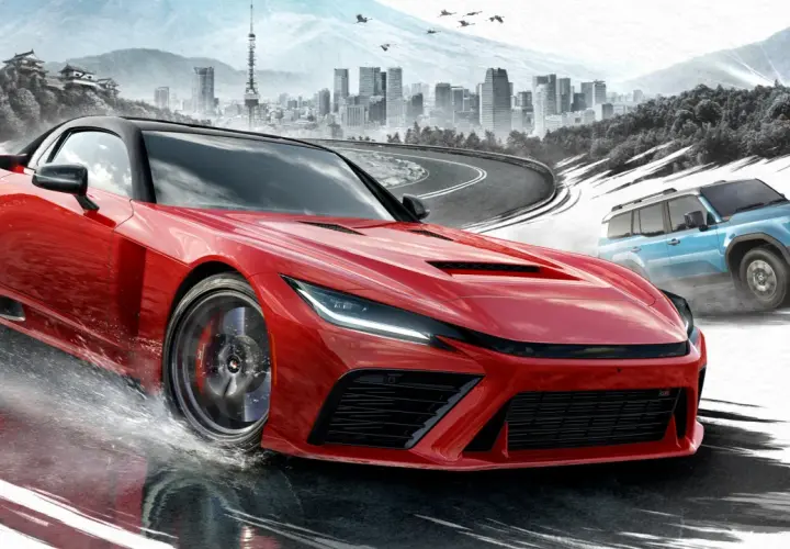 Roter Sportwagen und blauer SUV rasen durch eine Stadtkulisse mit Bergen im Hintergrund. Das ist die Welt von Forza Horizon 6!