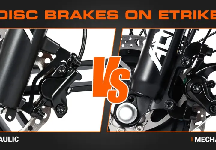 Close-up comparison of hydraulic brakes vs disc brakes on an e-trike, highlighting their distinct mechanisms for powerful stopping.