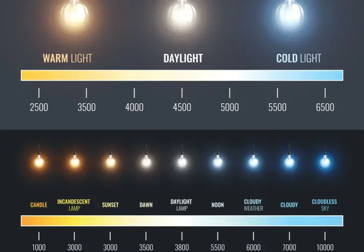 Escala de luz: de cálido a frío, con ejemplos de bombillas y condiciones de luz natural.