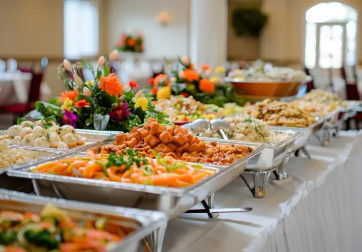 Un buffet, c'est une table garnie de plats variés, comme ici avec ces mets colorés et appétissants, prêts à être dégustés.
