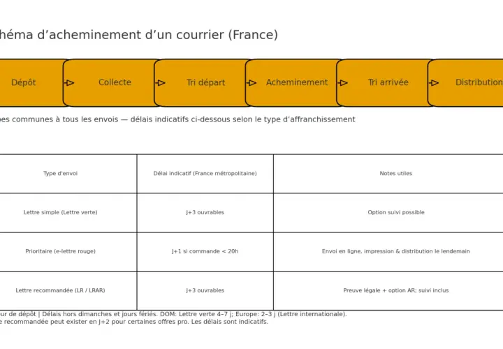 Schéma d'acheminement courrier France. Tableau comparatif des délais indicatifs pour lettre simple, prioritaire et lettre recommandée (LR/LRAR).