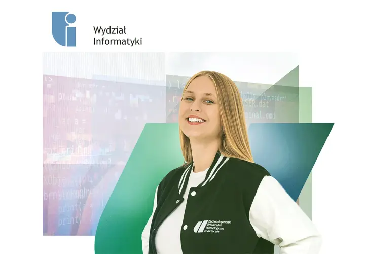 Uśmiechnięta studentka Wydziału Informatyki, kierunkowy 91 Polska, na tle kodu.