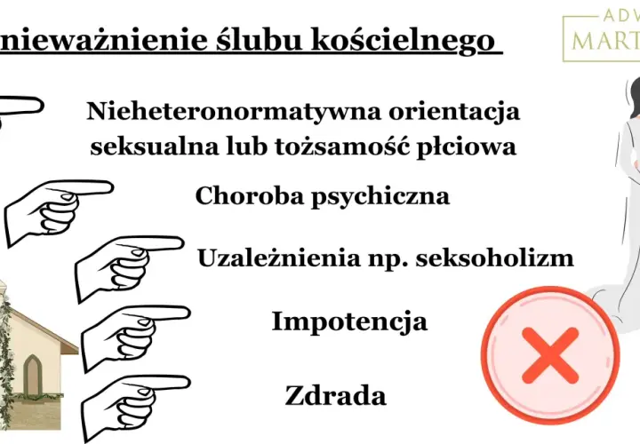 Konsekwencje unieważnienia małżeństwa kościelnego: orientacja, choroba, uzależnienia, impotencja, zdrada. Adwokat Marta Wnuk.