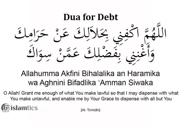 En bild med texten "Dua for Debt" och en islamisk bön på arabiska, engelska och svenska. Bönen, en dua islam, handlar om att bli fri från skulder.