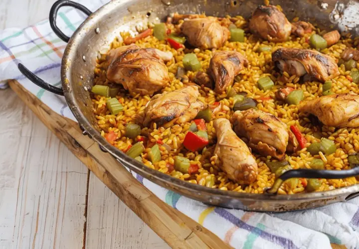 Paella de pollo recién hecha, con trozos dorados de pollo, arroz amarillo y verduras.