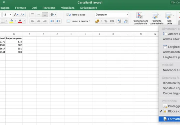 Menu di Excel mostra opzioni per bloccare celle, formattare e proteggere fogli di lavoro.
