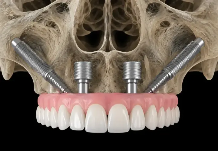 Immagine 3D di impianti zigomatici inseriti nell'osso mascellare, con una protesi dentale fissa.