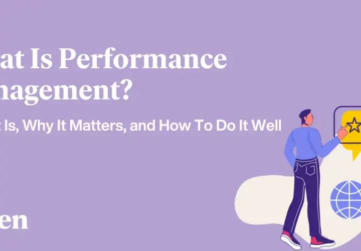 Illustration explaining "What Is Performance Management?" and why it matters, showing a person interacting with feedback icons.
