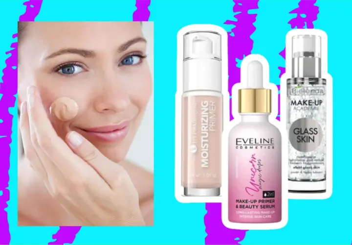 Kobieta aplikuje podkład, obok kosmetyki: baza pod makijaż Eveline Unicorn, nawilżający primer i baza pod makijaż Bielenda Glass Skin.