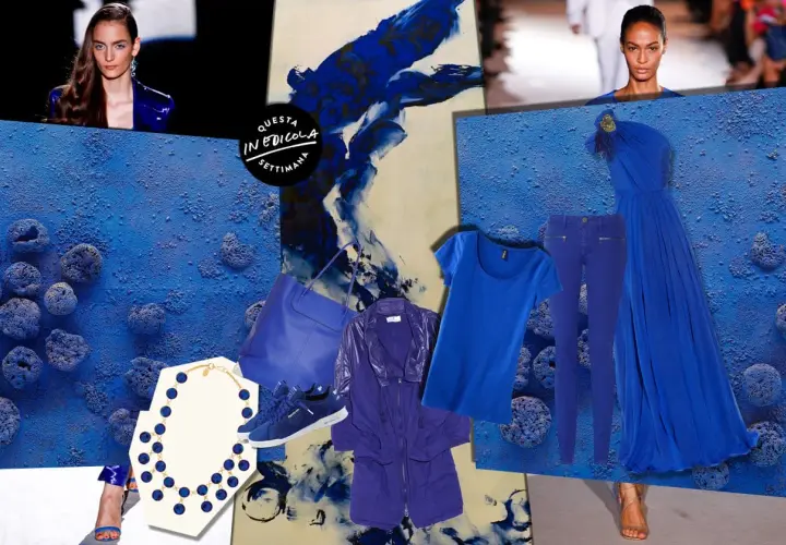 Moda in blu elettrico: abito da sera, jeans, t-shirt, giacca, borsa, scarpe e collana. Un tripudio di blu klein.