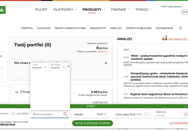 Na ekranie mBank widać panel "Twój portfel (0)", gdzie można kupić lub sprzedać akcje, w tym mbank etf.