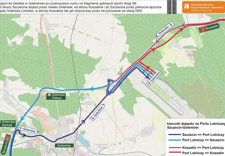 Mapa pokazuje dojazd do lotniska w Goleniowie. Kolorowe linie wskazują trasy ze Szczecina i Koszalina.
