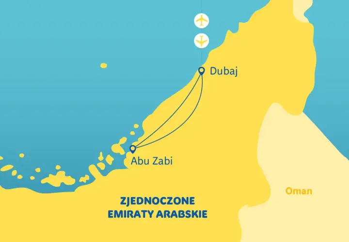 Mapa Zjednoczonych Emiratów Arabskich. Widać połączenie lotnicze między Dubajem a Abu Zabi.