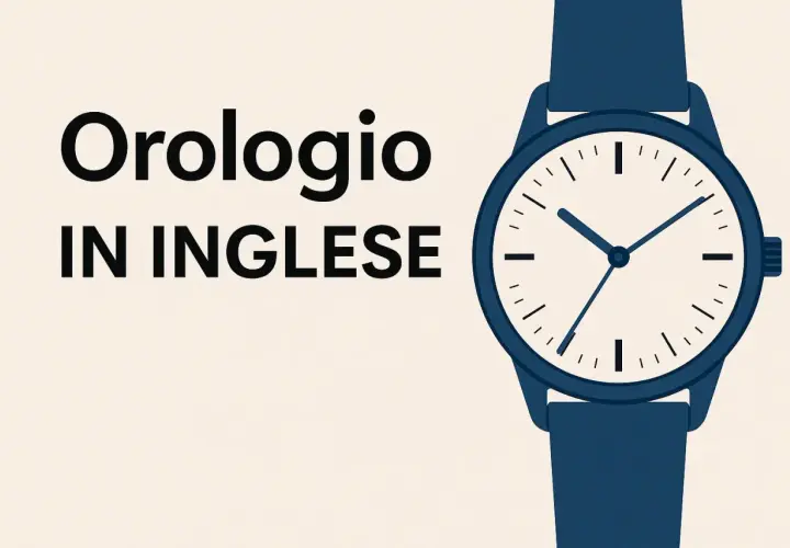 Orologio da polso blu con quadrante bianco, testo "Orologio IN INGLESE". Impara il fuso orario in inglese.