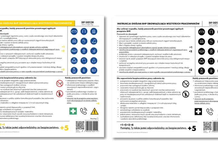 Instrukcja BHP oznaczona jest kolorem żółtym. Dokument zawiera zasady bezpieczeństwa i higieny pracy.