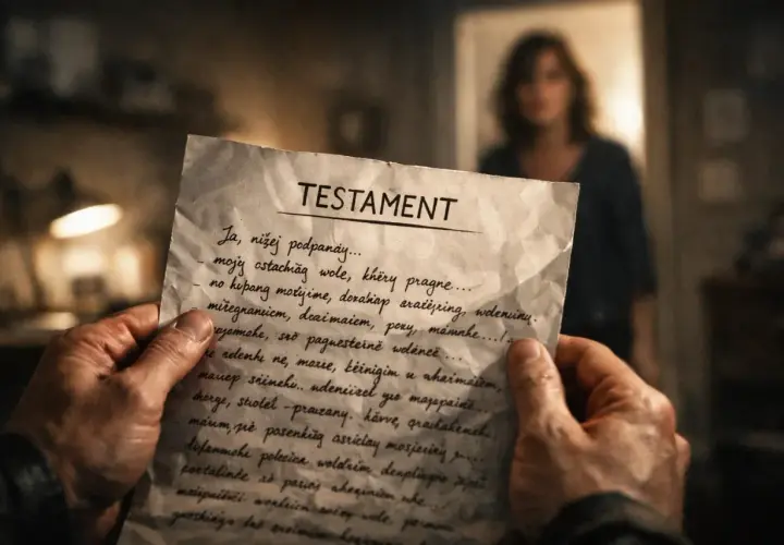Ręce trzymają dokument "TESTAMENT", zapowiadający zapewnienie spadkowe. W tle niewyraźna postać kobiety.